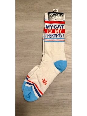 MY CAT IS MY THERAPIST Socks by Gumball Poodle Ribbed Gym Crew Novelty Socks